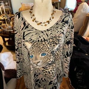 Valentina Tropical Leopard Blouse w/ 3 strand Genuine Pearl and bead Necklace 💐